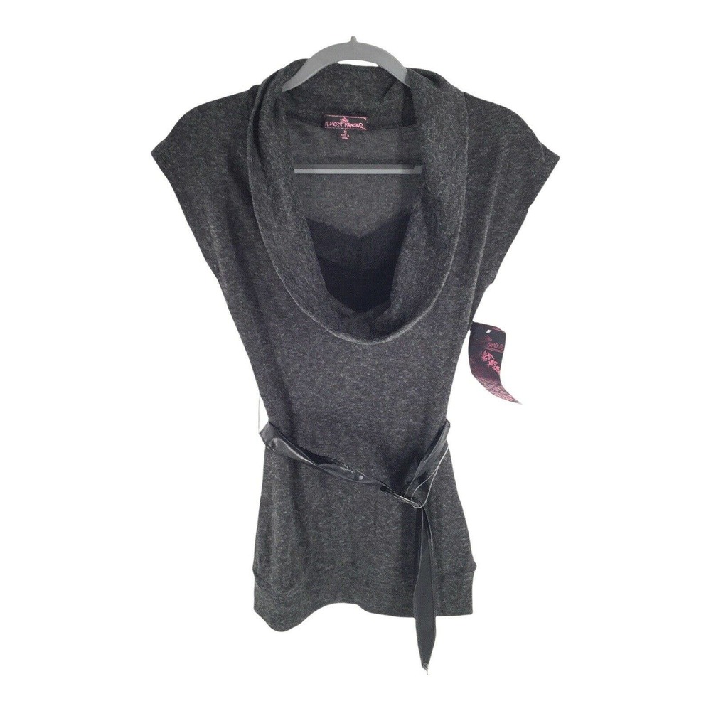 New Almost Famous Knit Short Sleeve Sweater Top Size Small Gray Black with Belt